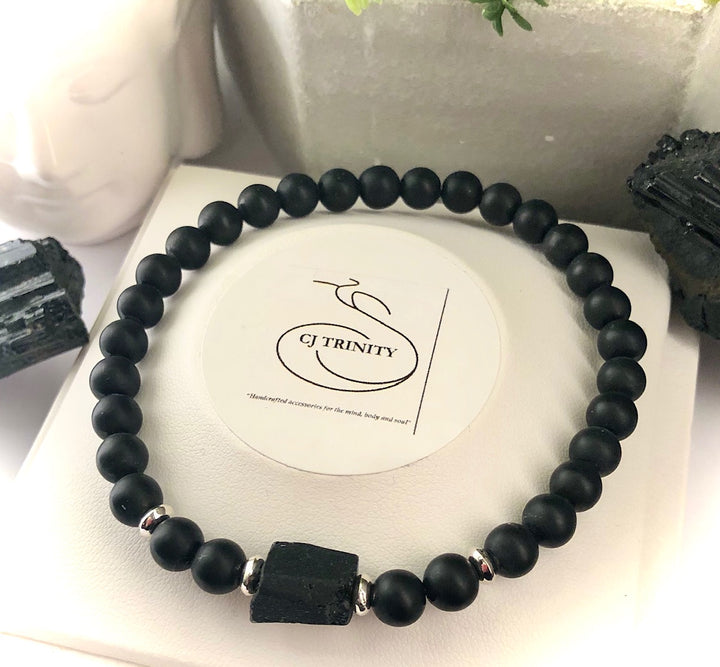 Unisex Black Tourmaline - Raw Focal Bead Stacking Bracelet