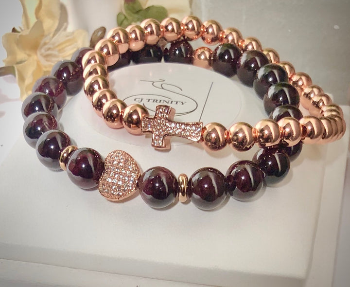 'Meant 2 Be' - Pavé Heart and Garnet Gemstone Bracelet - Choice of Rose Gold or Silver - Bracelets Sold Separately or as a Set