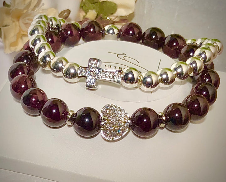 'Meant 2 Be' - Pavé Heart and Garnet Gemstone Bracelet - Choice of Rose Gold or Silver - Bracelets Sold Separately or as a Set