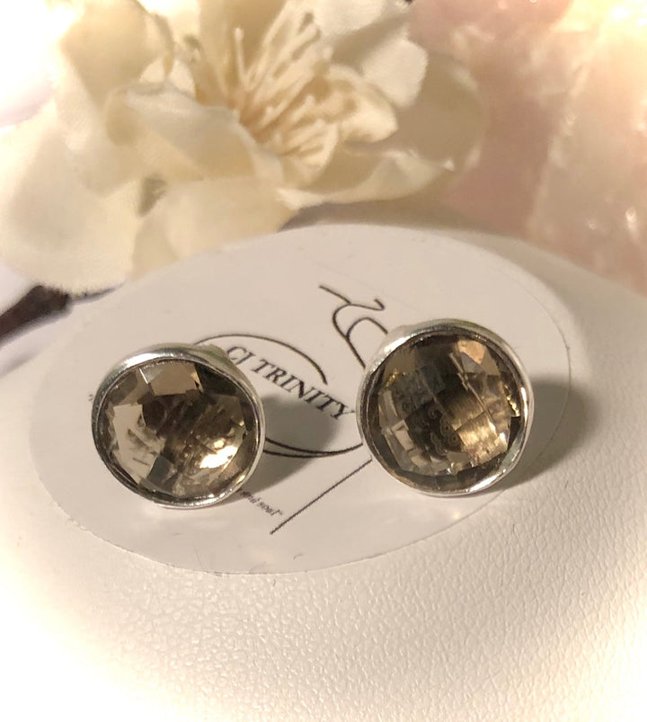 Smokey Quartz Faceted Stud Earrings - 925 Sterling Silver