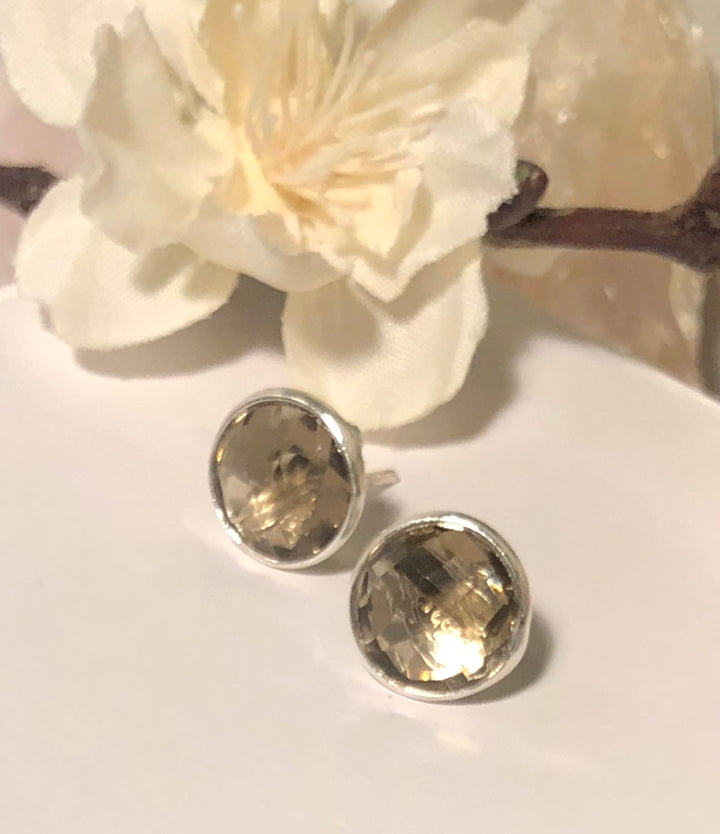 Smokey Quartz Faceted Stud Earrings - 925 Sterling Silver