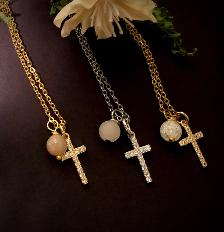 Dainty Pavé Cross & Gemstone Necklace - Choice of Color