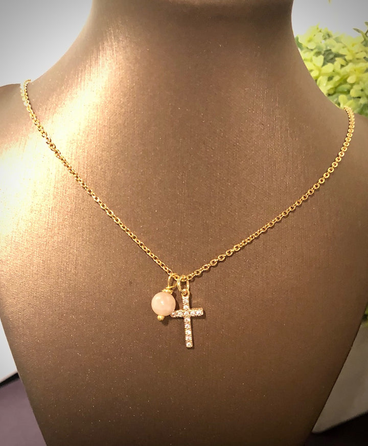Dainty Pavé Cross & Gemstone Necklace - Choice of Color