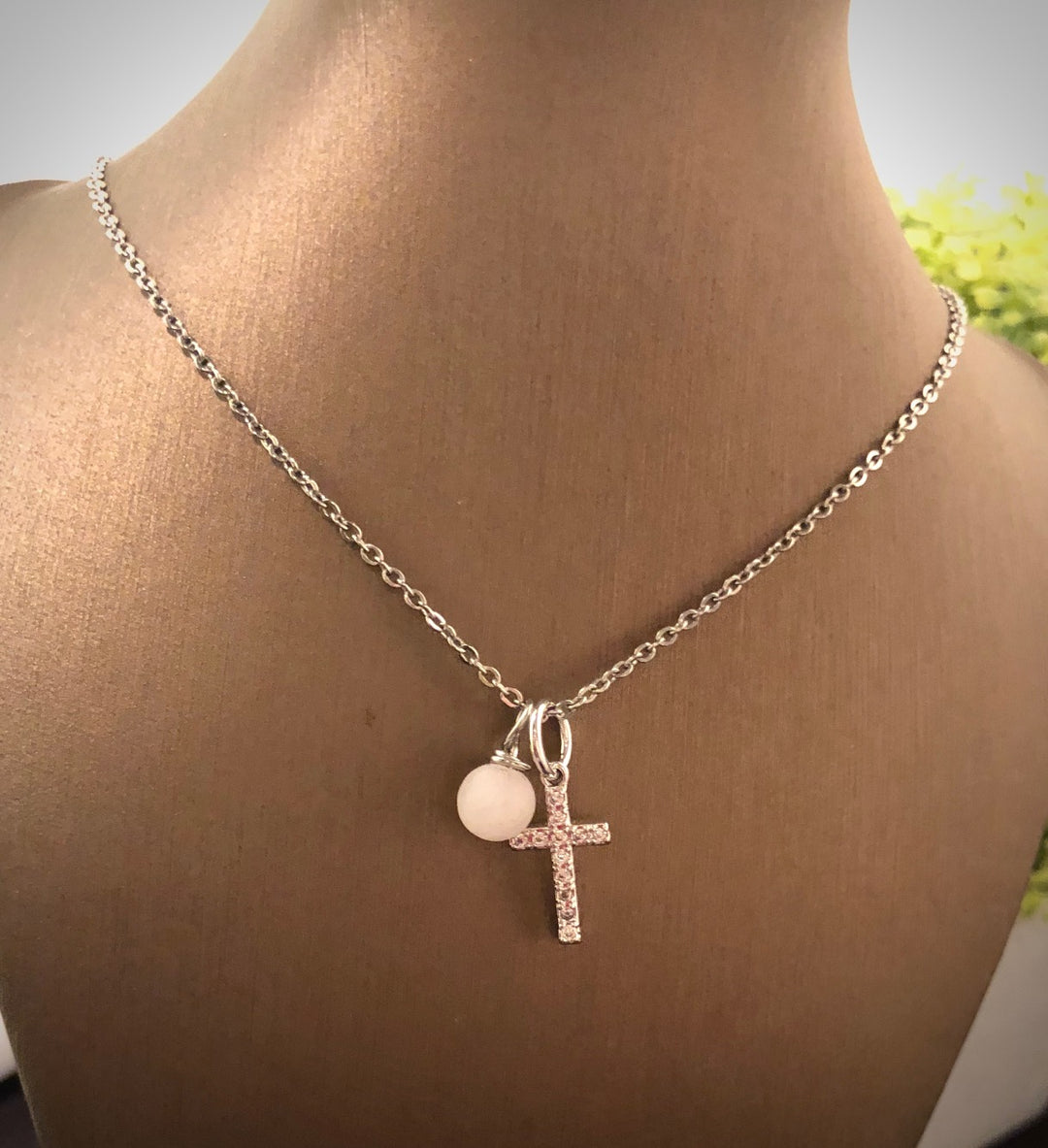Dainty Pavé Cross & Gemstone Necklace - Choice of Color