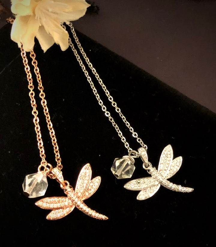 Pavé Dragonfly and Gemstone Necklace - Choice of Color