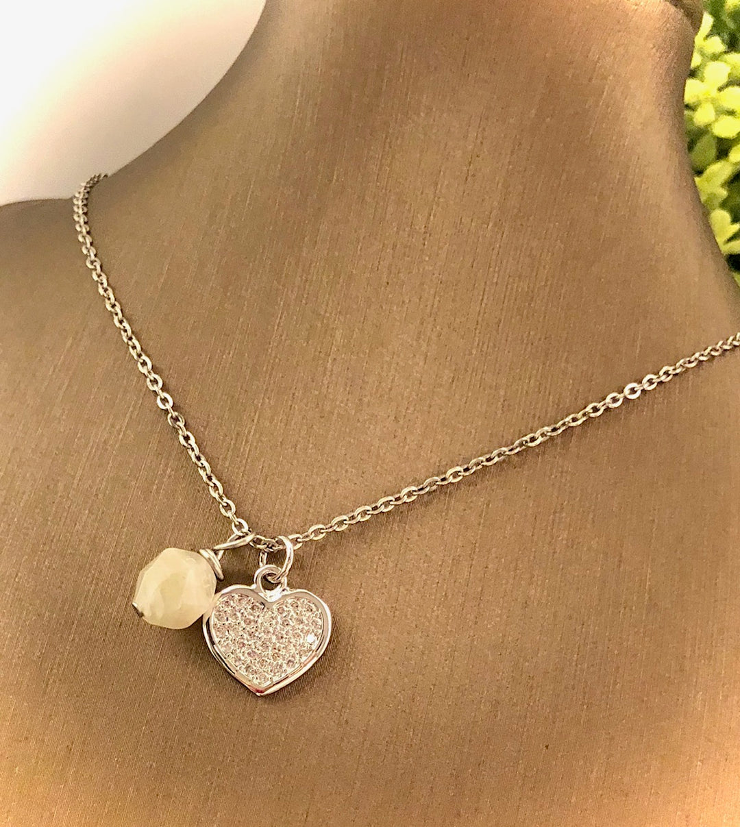 Pavé Heart & Gemstone Necklace - Choice of Color