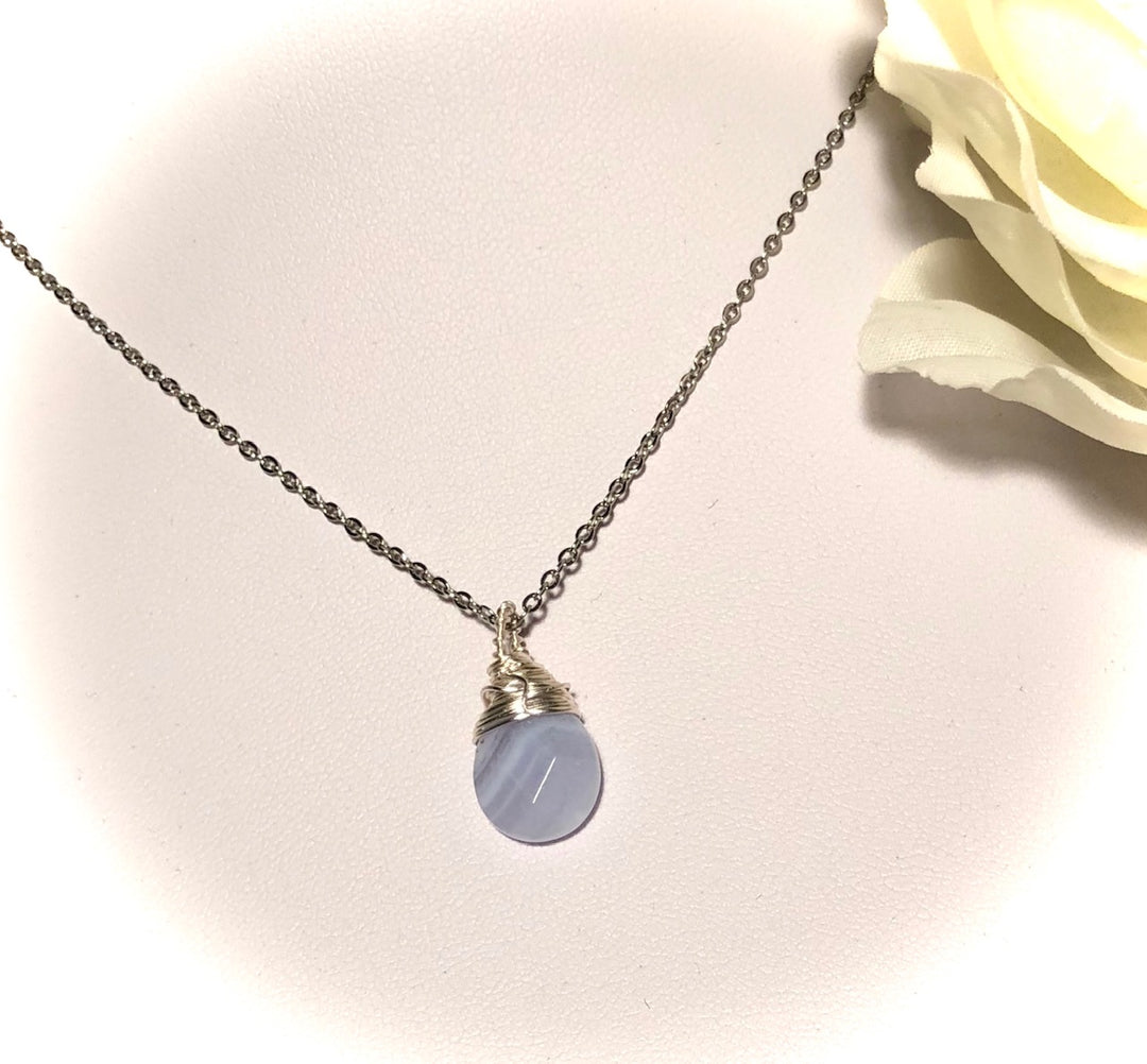 Elegant Blue Lace Agate Wire-Wrapped Pendant Necklace