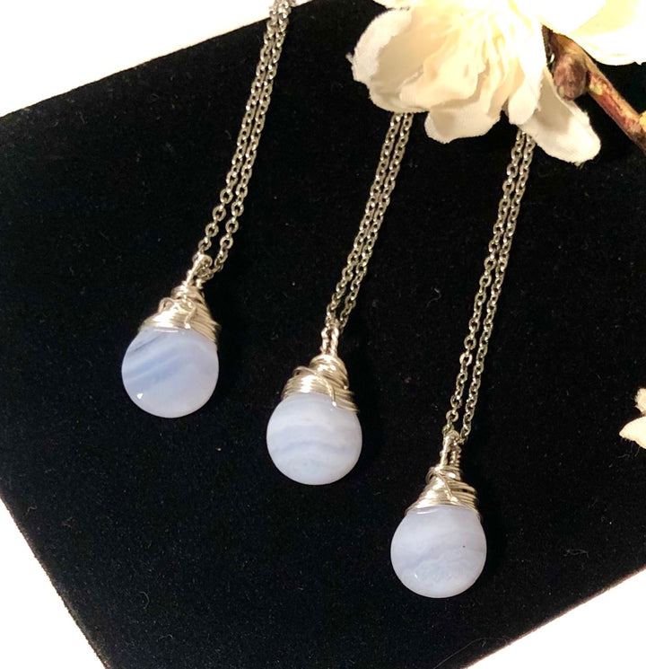 Elegant Blue Lace Agate Wire-Wrapped Pendant Necklace