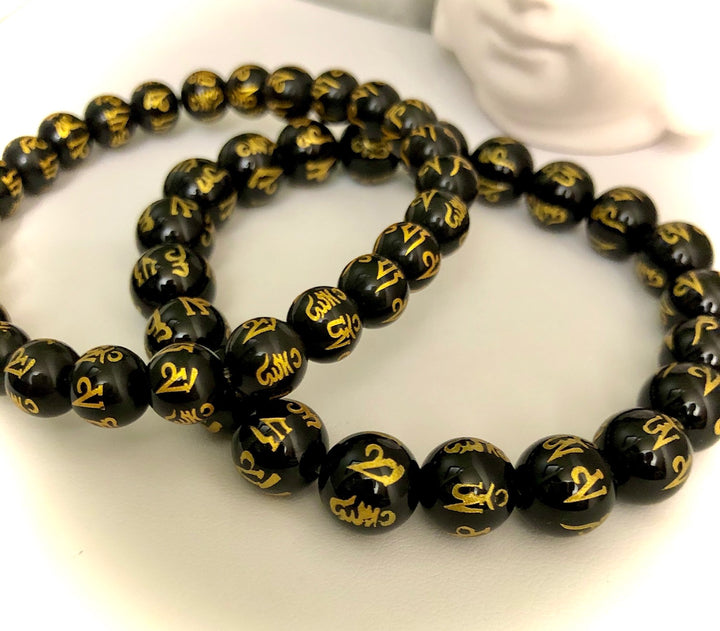 Unisex Carved Mantra Bracelet - Choice of Agate or Obsidian