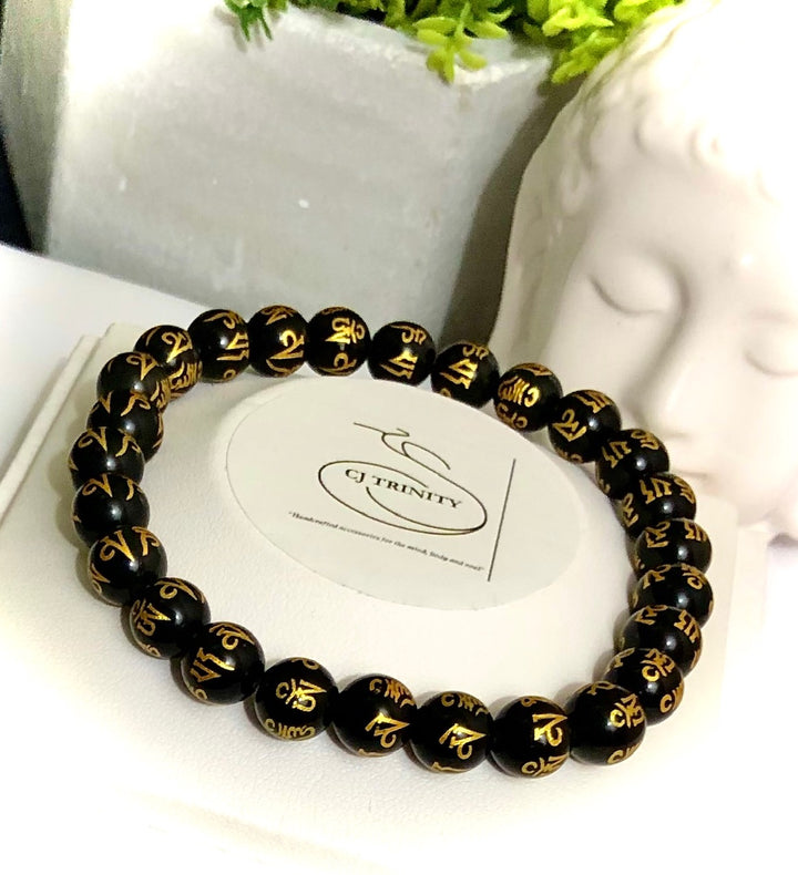Unisex Carved Mantra Bracelet - Choice of Agate or Obsidian