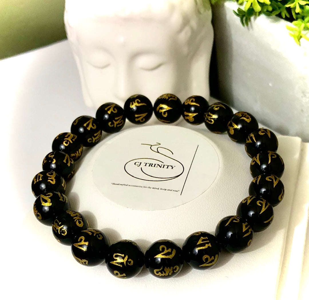 Unisex Carved Mantra Bracelet - Choice of Agate or Obsidian