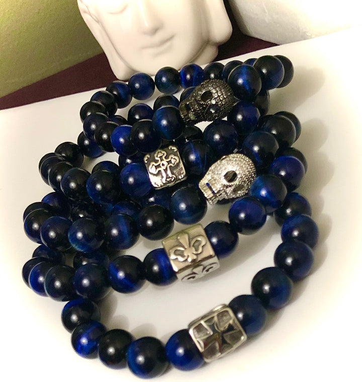 Unisex Blue Tiger's Eye Gemstone Bracelet - Choice of Focal Bead - Pavé - Stainless Steel