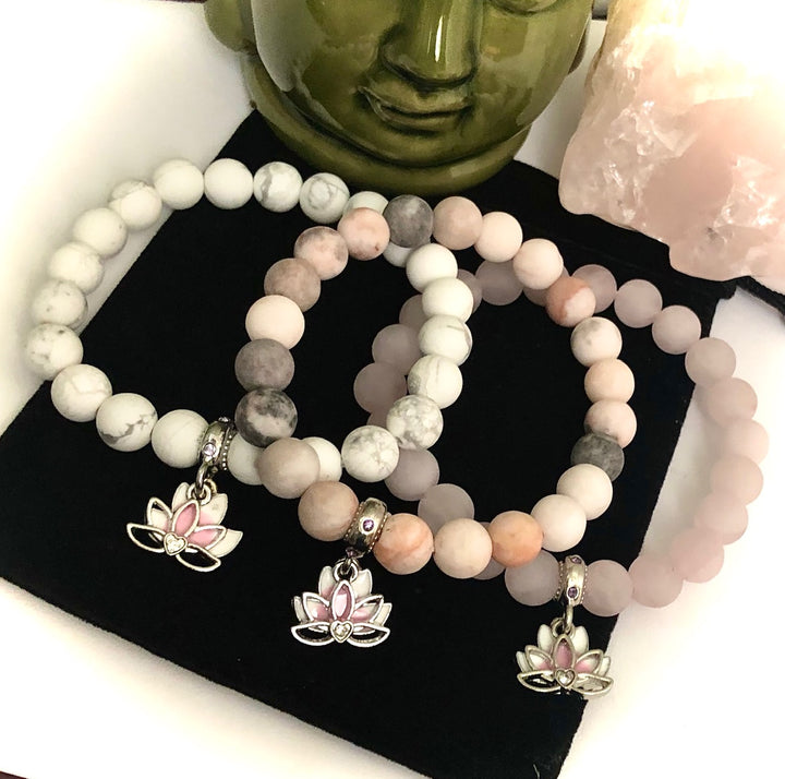 Double Layer Lotus Charm - Gemstone Bracelet - Choice of Color