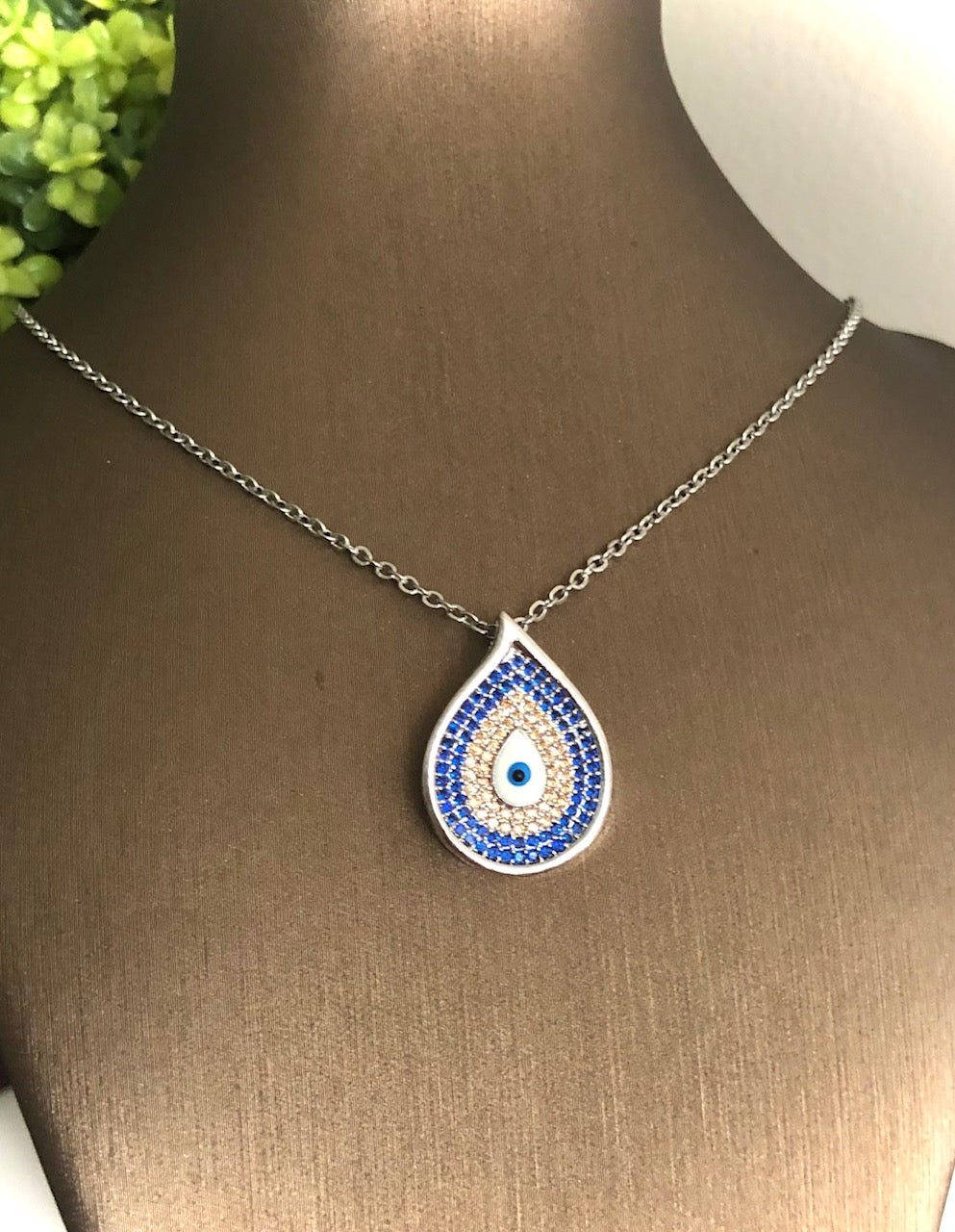 Pavé Evil Eye - Teardrop Pendant Necklace - Stainless Steel Chain