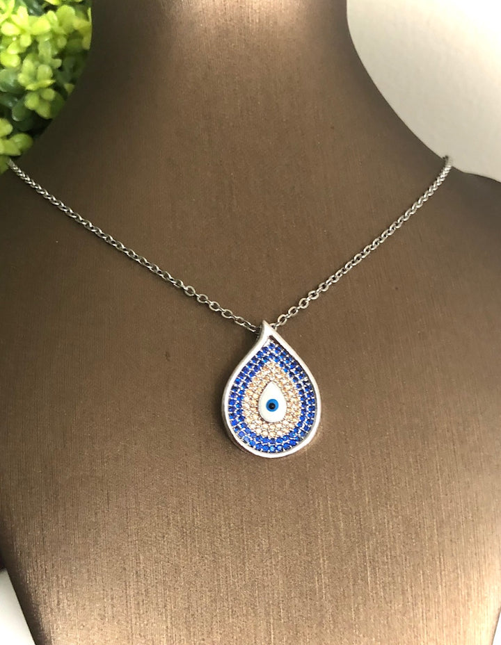 Pavé Evil Eye - Teardrop Pendant Necklace - Stainless Steel Chain