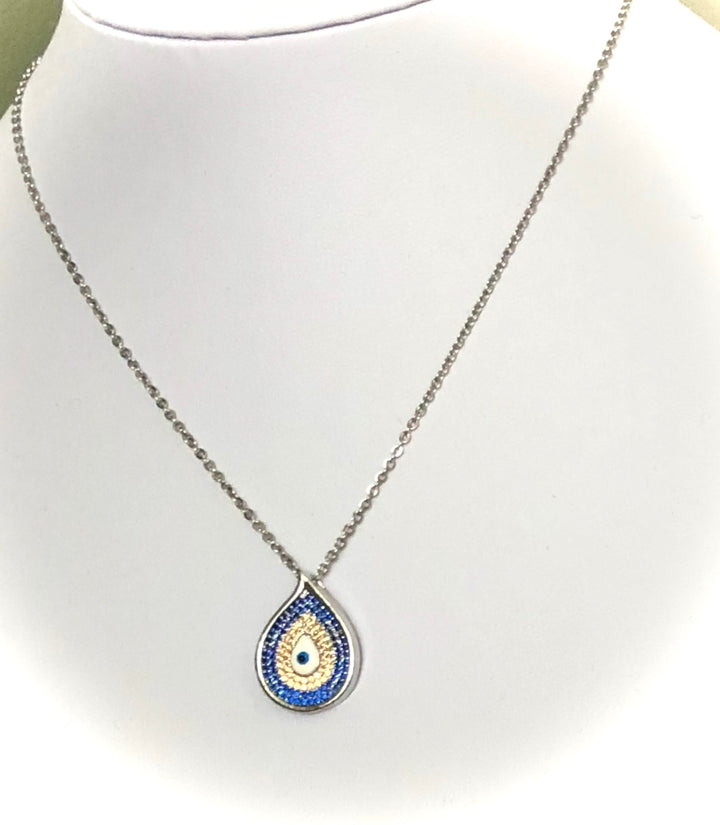 Pavé Evil Eye - Teardrop Pendant Necklace - Stainless Steel Chain