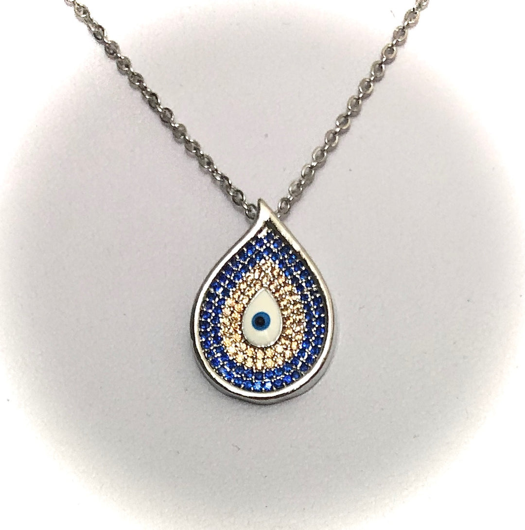 Pavé Evil Eye - Teardrop Pendant Necklace - Stainless Steel Chain