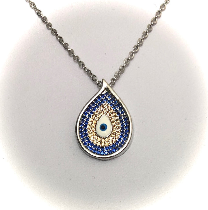 Pavé Evil Eye - Teardrop Pendant Necklace - Stainless Steel Chain