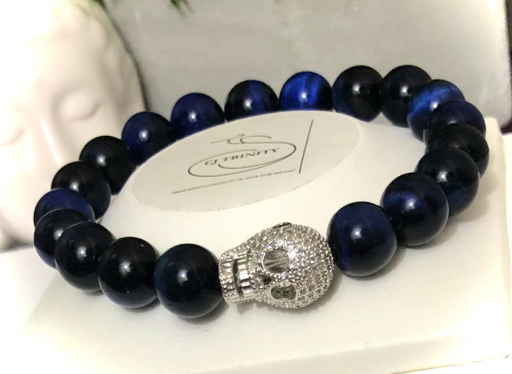 Unisex Blue Tiger's Eye Gemstone Bracelet - Choice of Focal Bead - Pavé - Stainless Steel