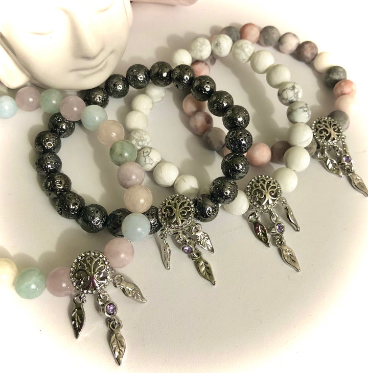 Pavé Tree of Life Dreamcatcher Gemstone Bracelet - Silver-toned - Choice of Bead