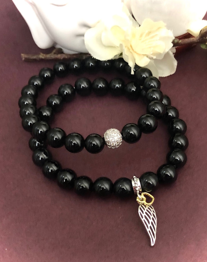 'Onyx & Angels' - Charm Bracelet and Pavé Silver Ball Bracelet - Sold Separately