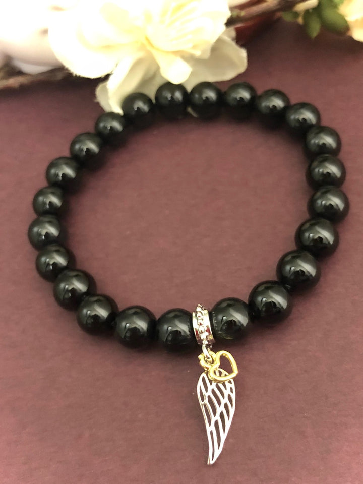 'Onyx & Angels' - Charm Bracelet and Pavé Silver Ball Bracelet - Sold Separately