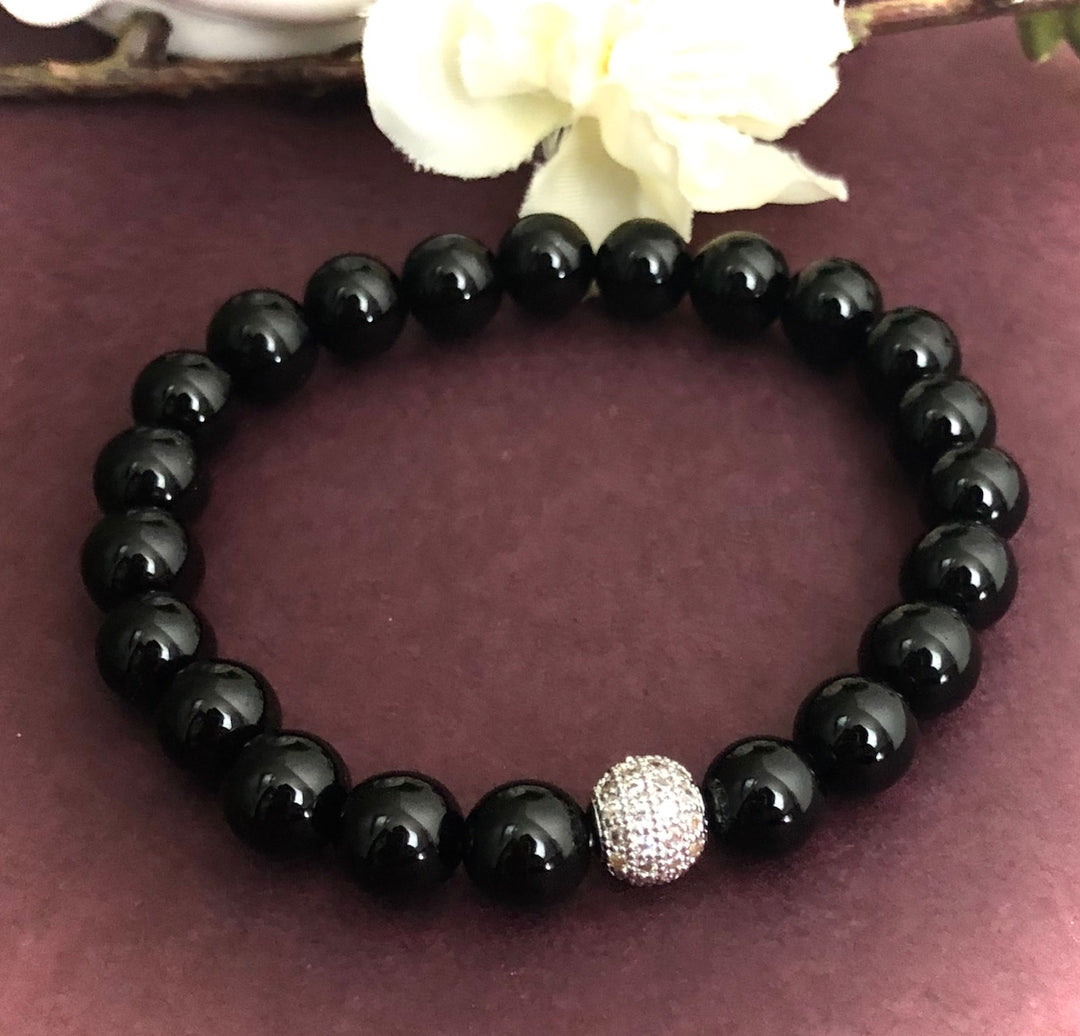 'Onyx & Angels' - Charm Bracelet and Pavé Silver Ball Bracelet - Sold Separately