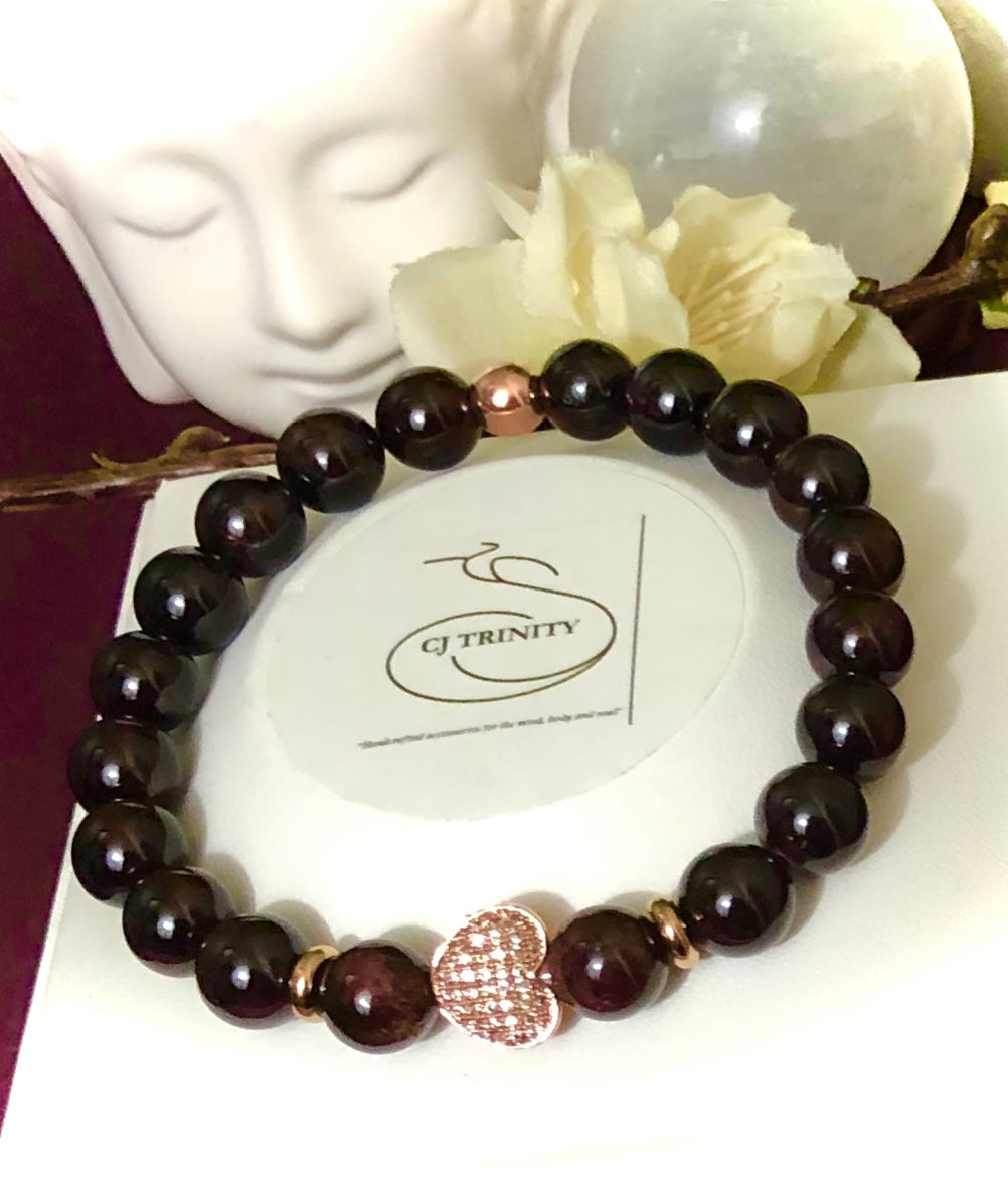 'Meant 2 Be' - Pavé Heart and Garnet Gemstone Bracelet - Choice of Rose Gold or Silver - Bracelets Sold Separately or as a Set