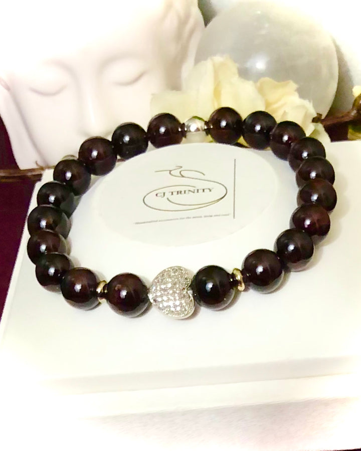 'Meant 2 Be' - Pavé Heart and Garnet Gemstone Bracelet - Choice of Rose Gold or Silver - Bracelets Sold Separately or as a Set