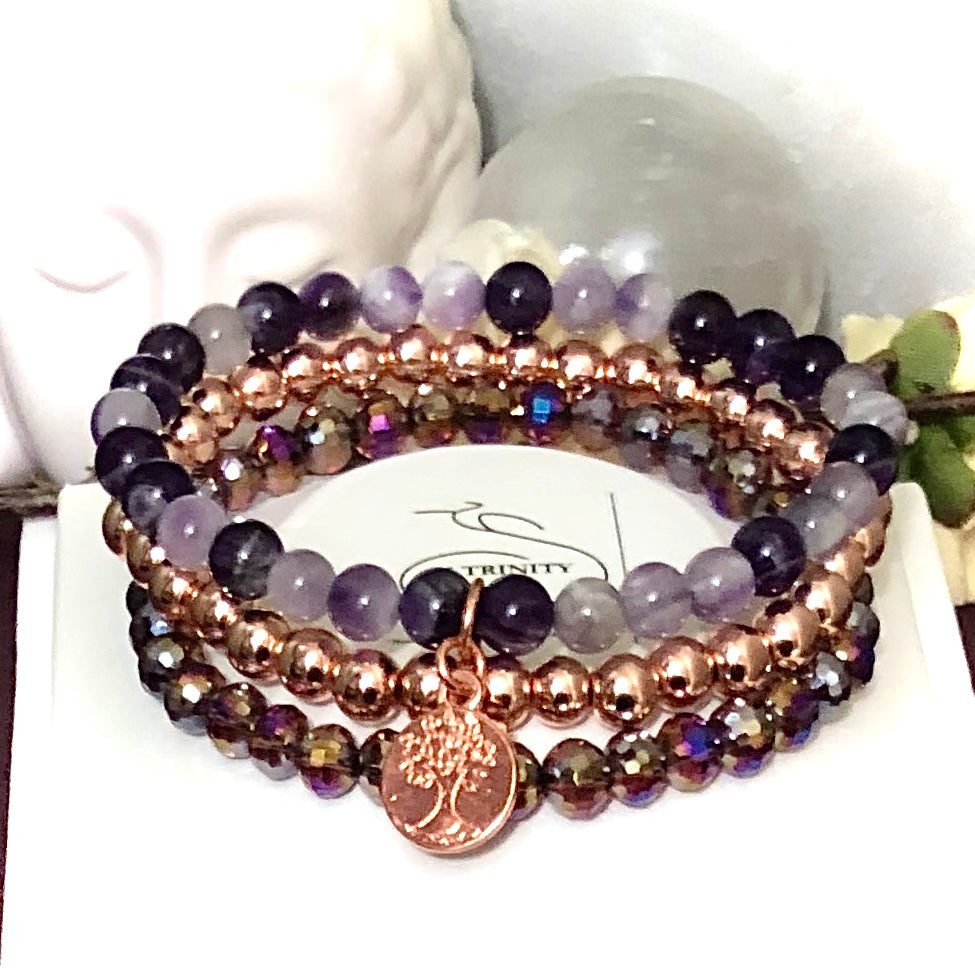 Rose Gold & Amethyst Tree of Life Bracelet Set