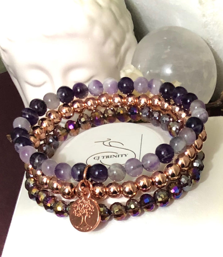 Rose Gold & Amethyst Tree of Life Bracelet Set