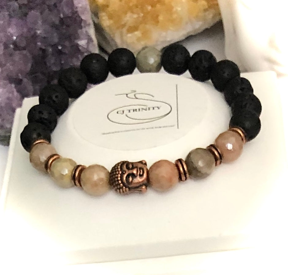 Copper Buddha - Unisex Lava & Gemstone Diffuser Bracelet - Choice of Gemstones