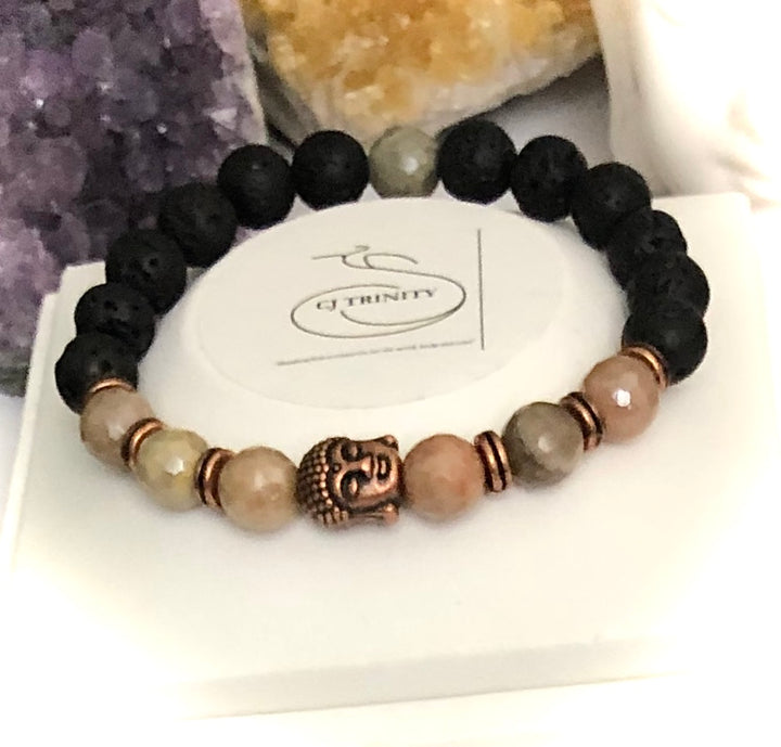 Copper Buddha - Unisex Lava & Gemstone Diffuser Bracelet - Choice of Gemstones