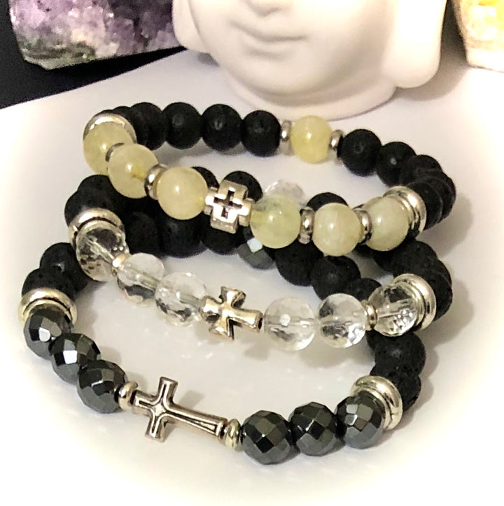 Ladies Cross Lava Diffuser Bracelet - Choice of Gemstone