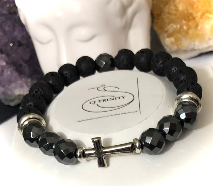 Ladies Cross Lava Diffuser Bracelet - Choice of Gemstone