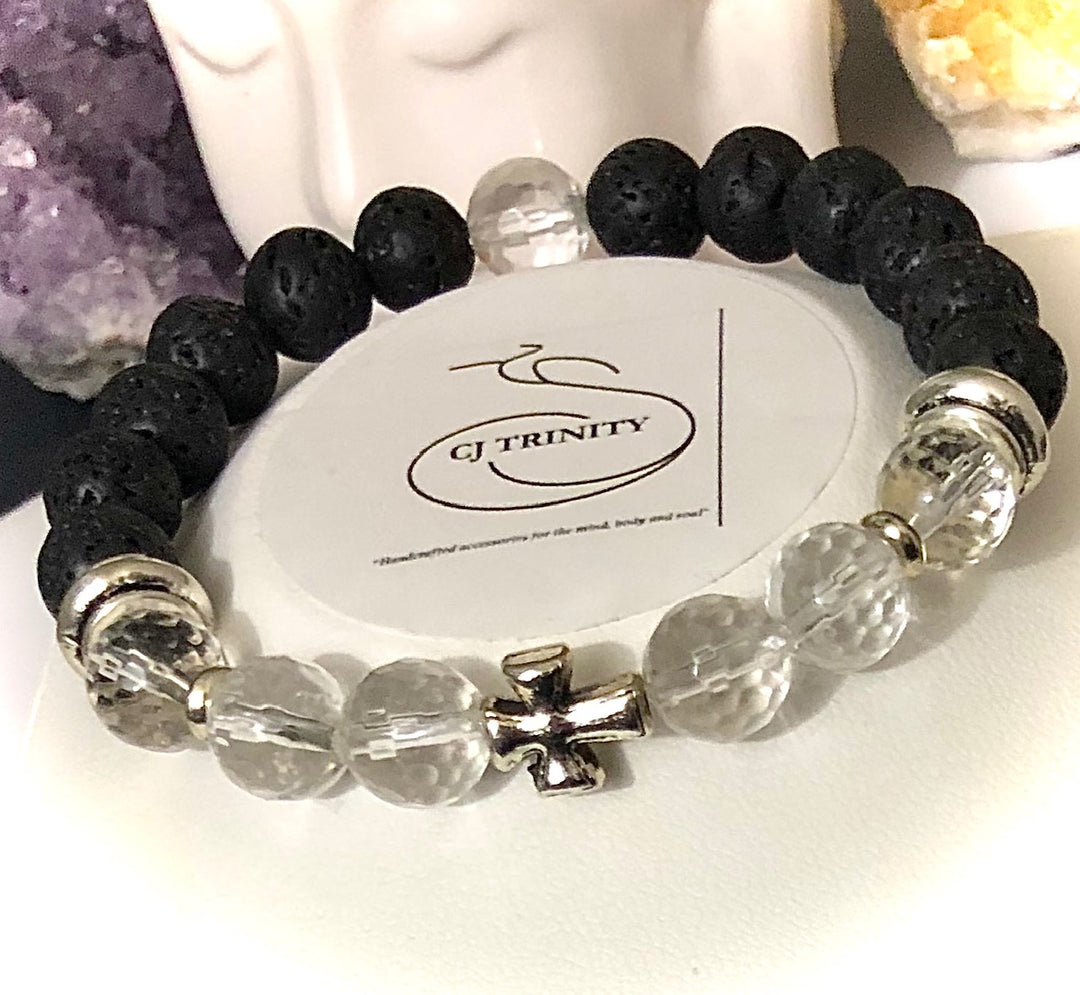 Ladies Cross Lava Diffuser Bracelet - Choice of Gemstone