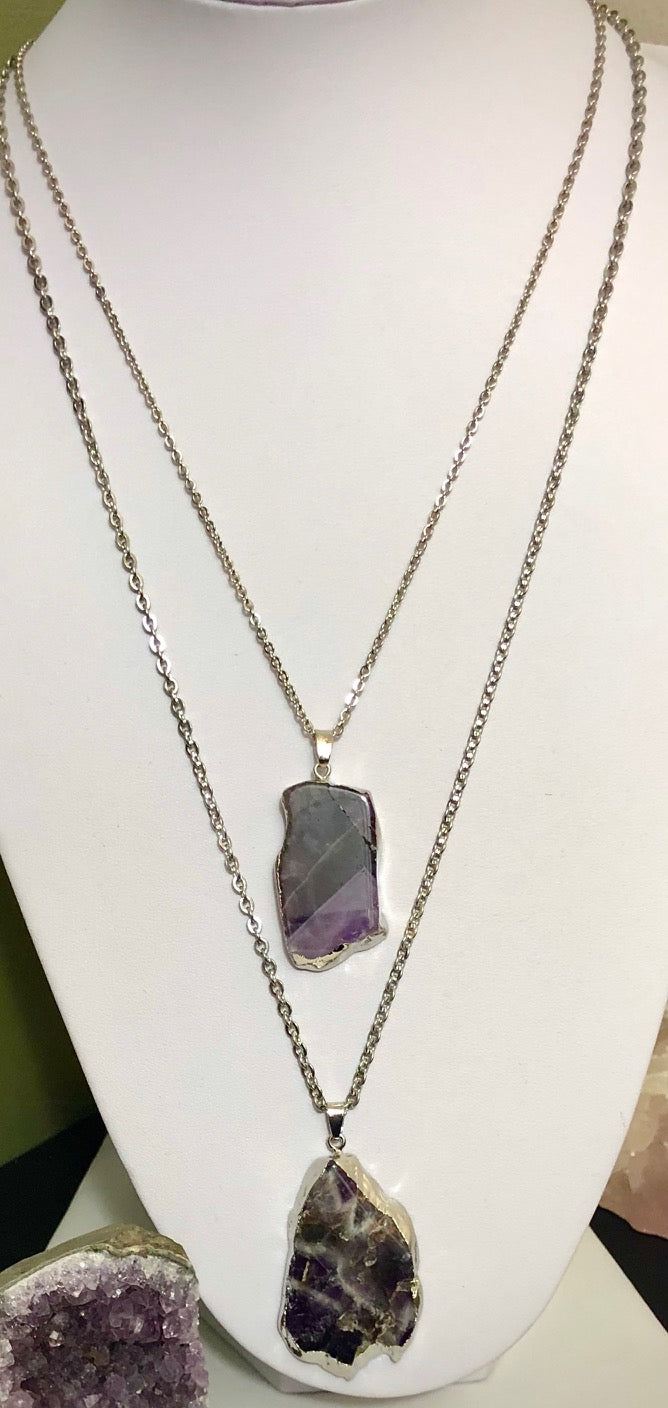 Amethyst Slice Pendant Necklace - One of a Kind - 2 Styles - Stainless Steel