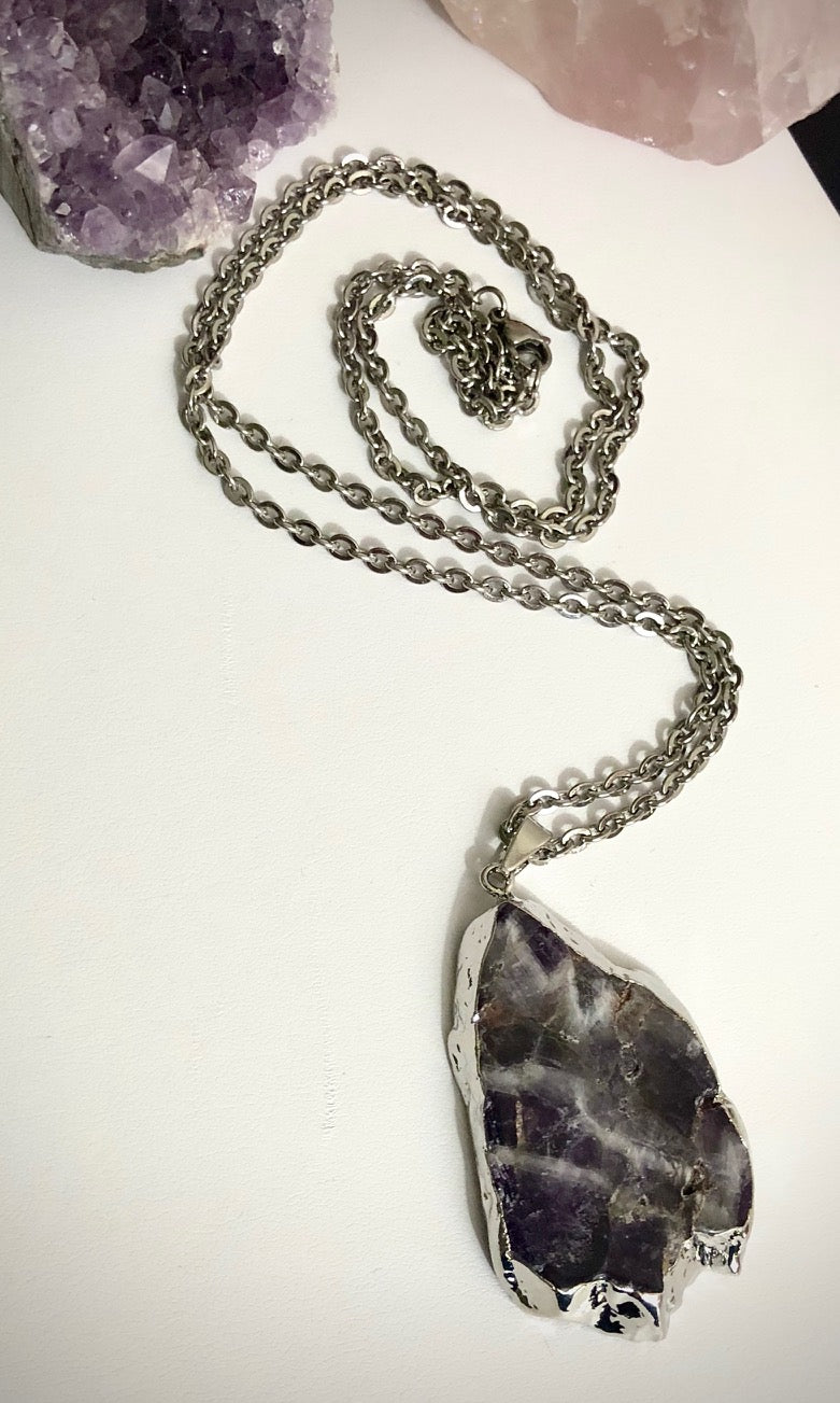 Amethyst Slice Pendant Necklace - One of a Kind - 2 Styles - Stainless Steel