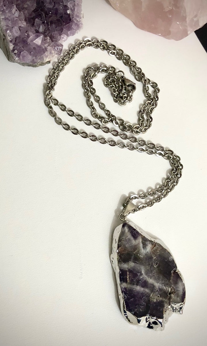 Amethyst Slice Pendant Necklace - One of a Kind - 2 Styles - Stainless Steel