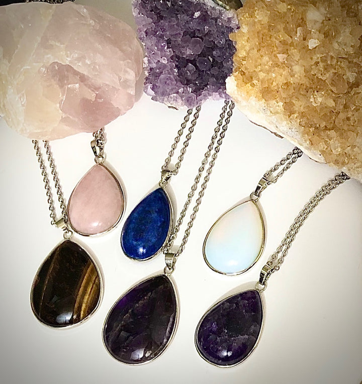 Long Teardrop Gemstone Necklaces - Stainless Steel - Choice of Focal Pendant