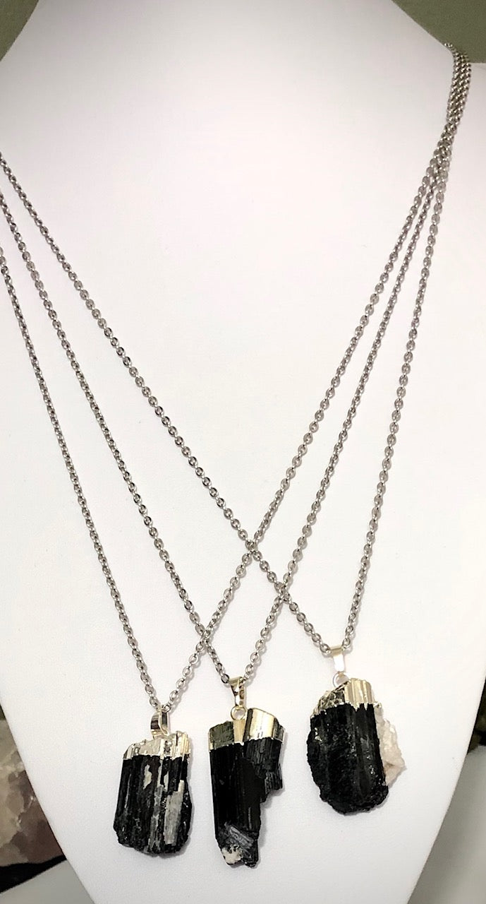 Unisex Raw Black Tourmaline Pendant Necklace - stainless Steel - Choice of 3 Necklaces