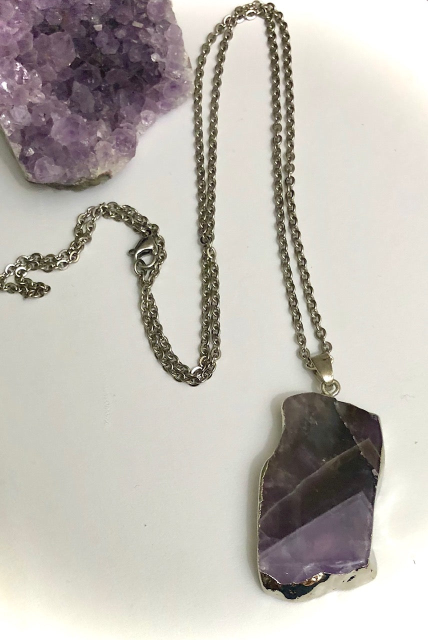 Amethyst Slice Pendant Necklace - One of a Kind - 2 Styles - Stainless Steel