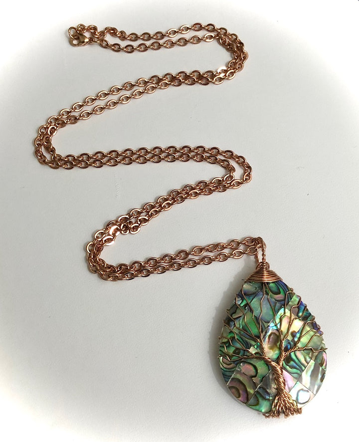 Tree of Life Abalone Shell Wire Wrapped Pendant Necklace - Rose Gold