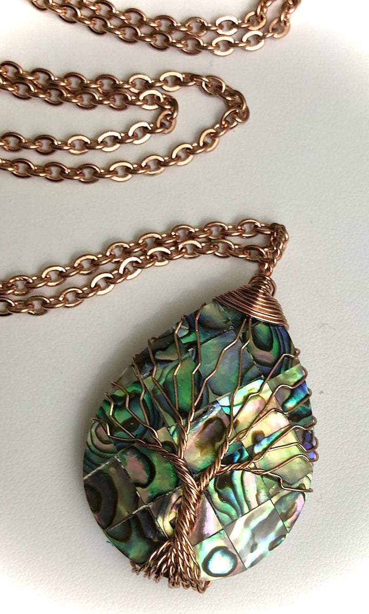 Tree of Life Abalone Shell Wire Wrapped Pendant Necklace - Rose Gold