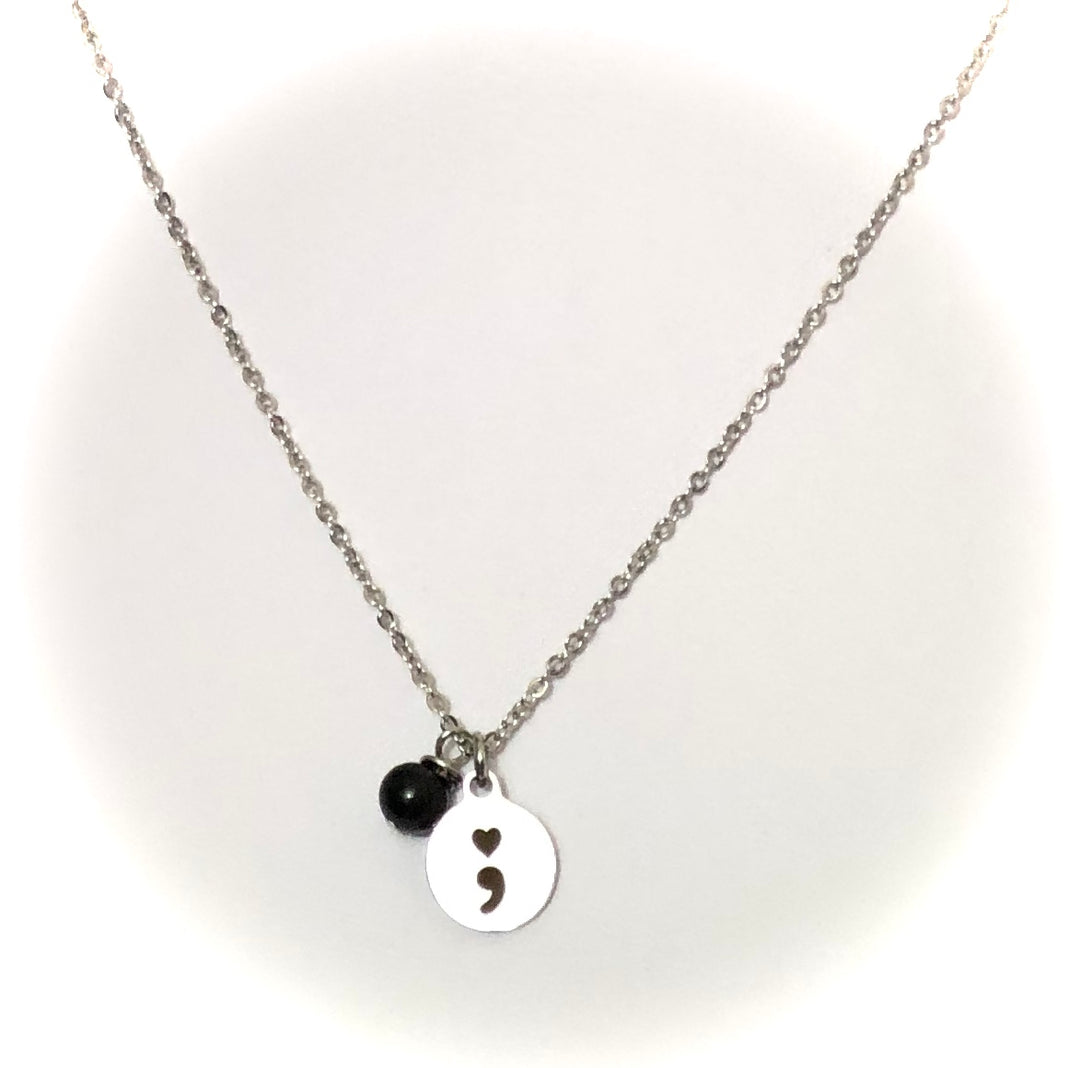 Mental Health Awareness Charm Necklace -Stainless Steel - Semi-Colon - Choice of Style and Gemstone