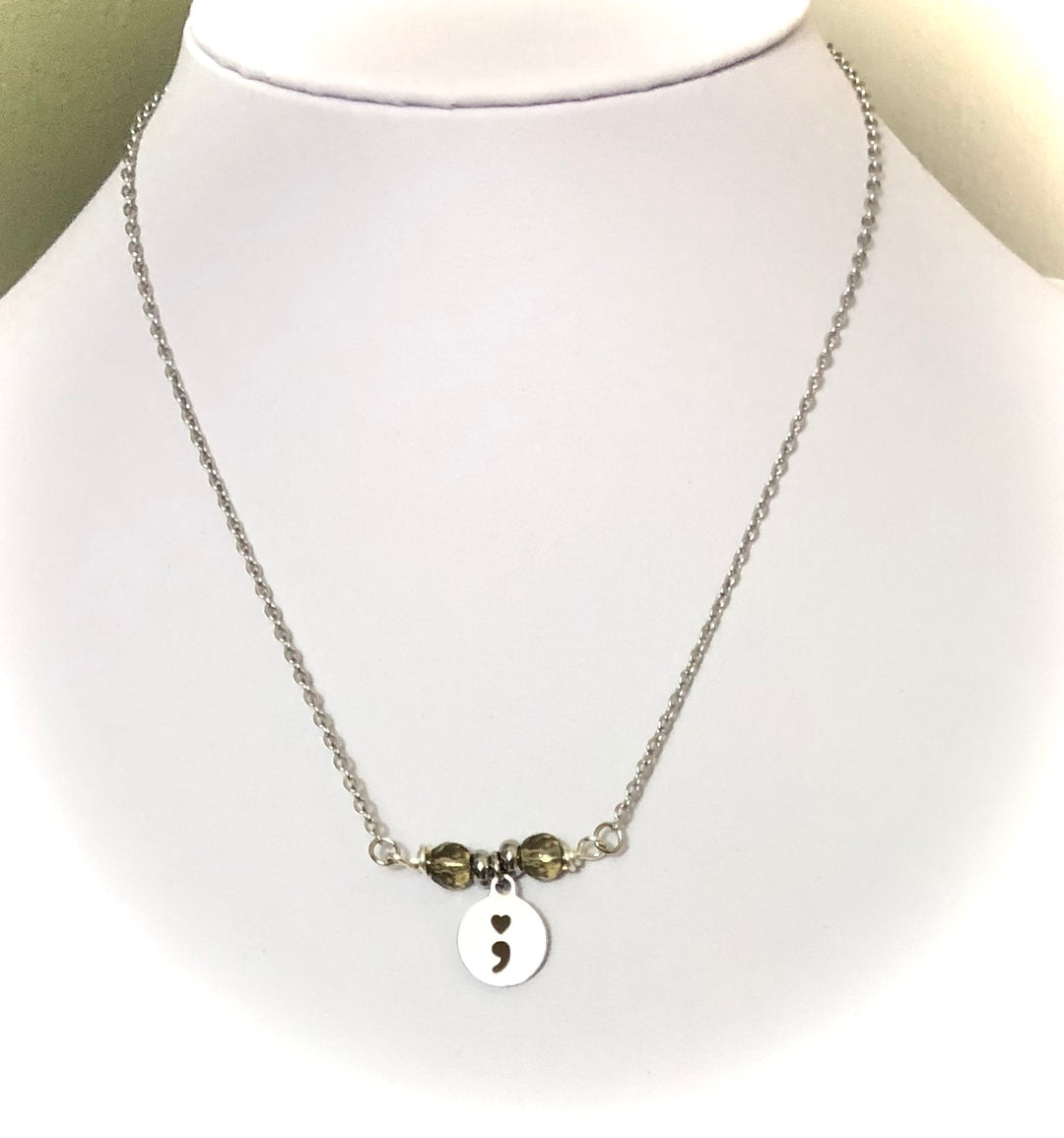 Mental Health Awareness Charm Necklace -Stainless Steel - Semi-Colon - Choice of Style and Gemstone