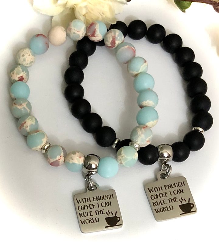 'With Enough Coffee I Can Rule the World' - Gemstone Charm Bracelet -Choice of Gemstone