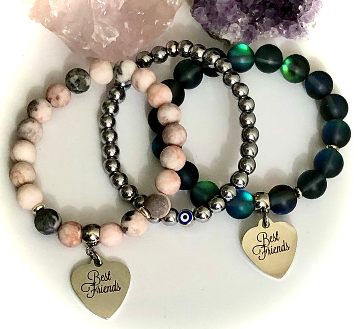 'Best Friends' - Gemstone Charm Bracelets with Hematite Evil Eye Stacking Bracelet - Sold Seperately