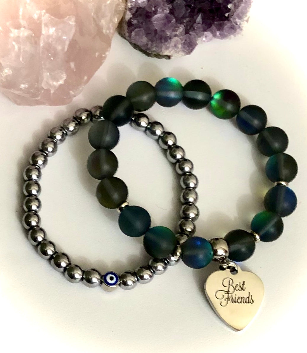 'Best Friends' - Gemstone Charm Bracelets with Hematite Evil Eye Stacking Bracelet - Sold Seperately