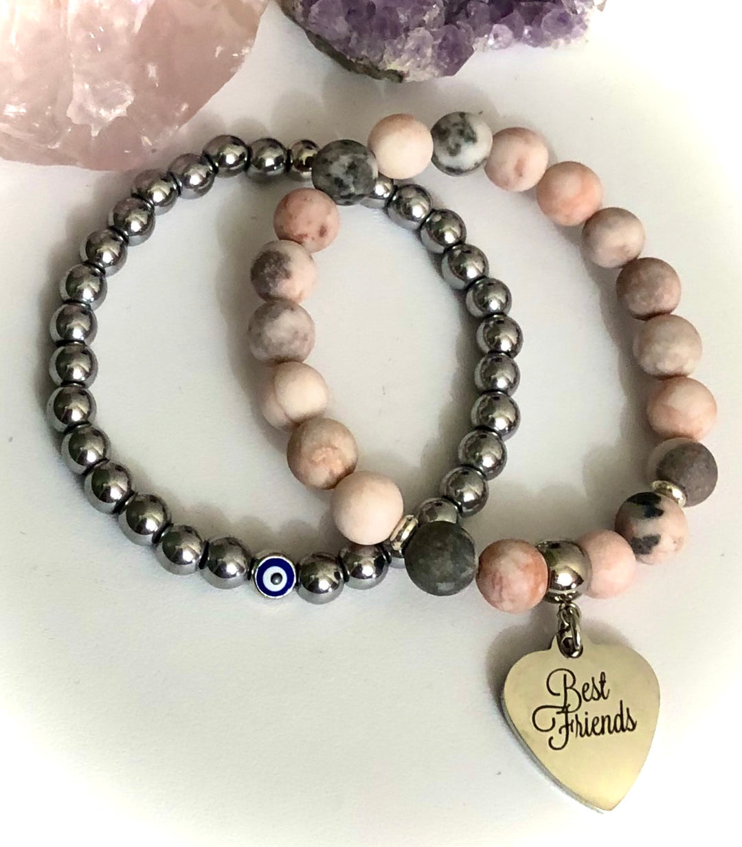 'Best Friends' - Gemstone Charm Bracelets with Hematite Evil Eye Stacking Bracelet - Sold Seperately